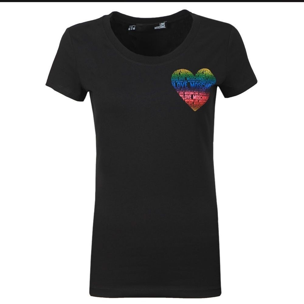 NEW Love Moschino Rainbow Foil Heart Logo Tee Black Size 2